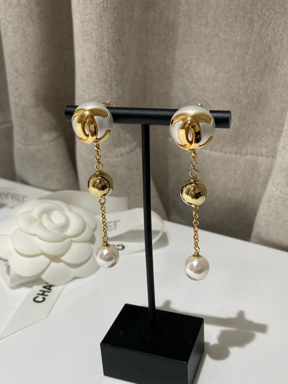 Chanel Gold-Tone White Enamel Ball Pearl Drop Earrings